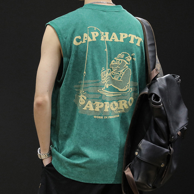 Muški sportski bez rukava top od 100% pamuka, opuštena kroj, karikatura print, ljeto 2025