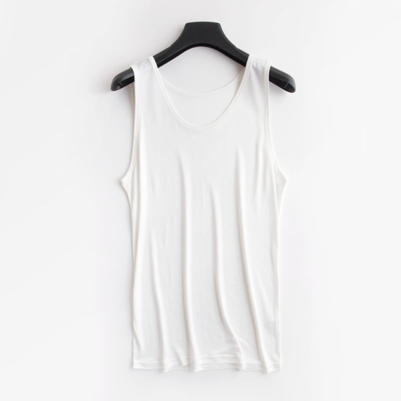 Vesta z hodváb z moruše, bez rukávov, s širokými ramenami, guľatý výstrih, tenká pletenina, leto