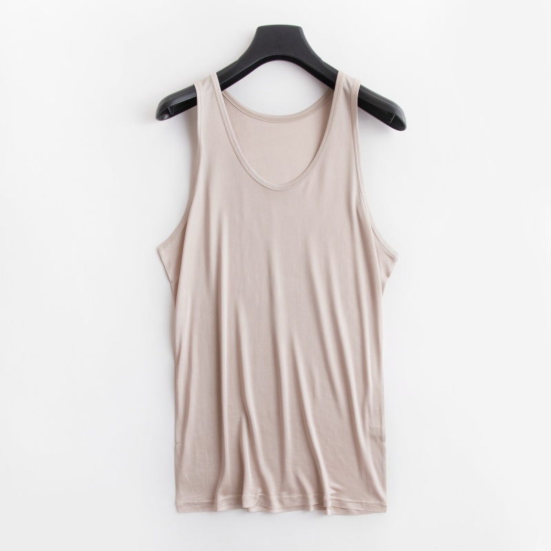 Vesta z hodváb z moruše, bez rukávov, s širokými ramenami, guľatý výstrih, tenká pletenina, leto