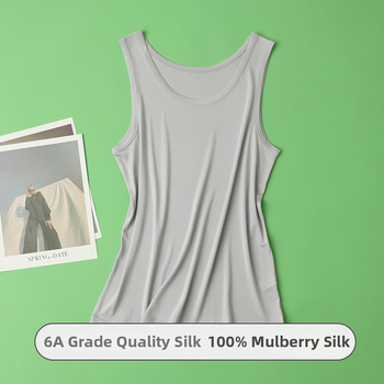 Vesta zo silkej hodvábnej priadze s širokými ramenami - 100% hodváb Mulberry, okrúhly výstrih, tenká látka 101–120 g/m2, leto 2024, ležérny štýl