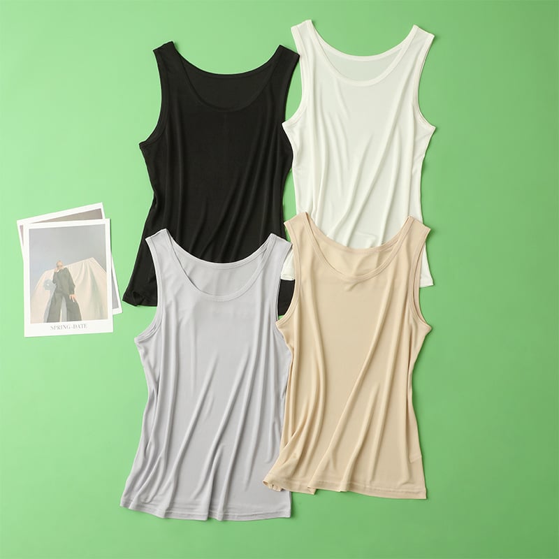 Vesta zo silkej hodvábnej priadze s širokými ramenami - 100% hodváb Mulberry, okrúhly výstrih, tenká látka 101–120 g/m2, leto 2024, ležérny štýl