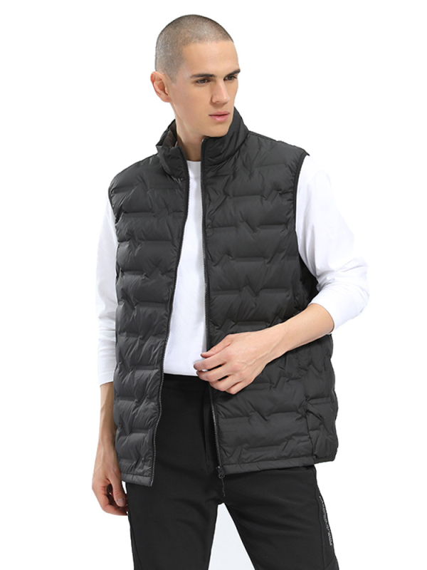 Unisex jesenná-zimná bezruková vesta s stojatým golierom, ľahká, obsah 86–90% peria, výplň 50–100 g, predný zips, polyesterová tkanina
