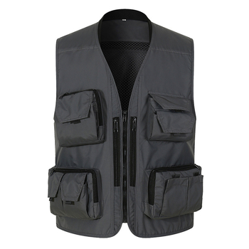 Pracovný vest s viacerými vreckami — potlač/farbenie, bez goliera, zips, bez kapucne; tkanina: konopno-poliesterová zmes (95% polyester); podšívka: polyester; vhodné pre štyri obdobia