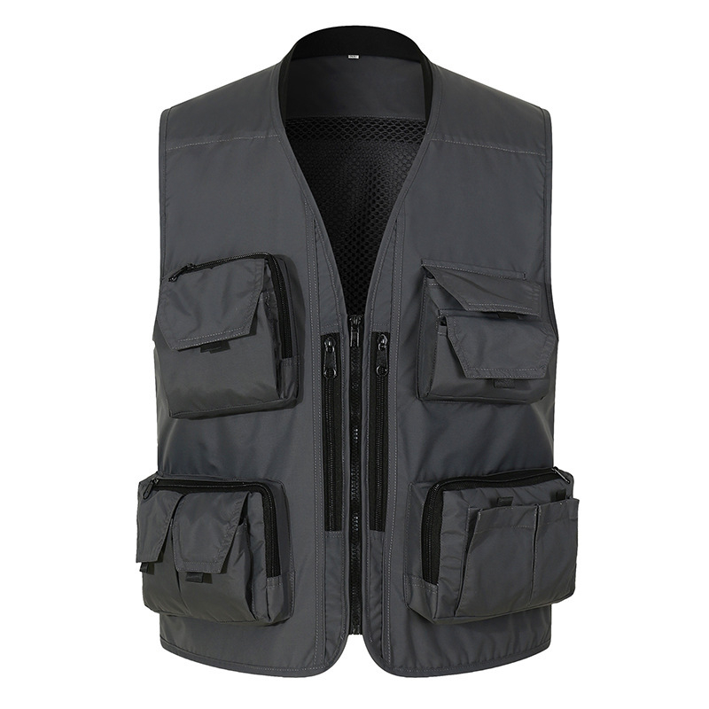 Pracovný vest s viacerými vreckami — potlač/farbenie, bez goliera, zips, bez kapucne; tkanina: konopno-poliesterová zmes (95% polyester); podšívka: polyester; vhodné pre štyri obdobia