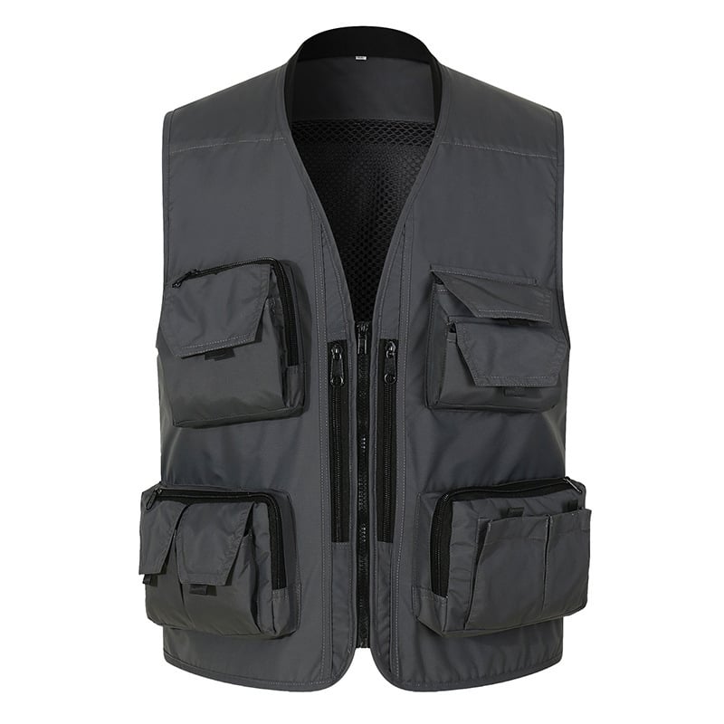 Pracovný vest s viacerými vreckami — potlač/farbenie, bez goliera, zips, bez kapucne; tkanina: konopno-poliesterová zmes (95% polyester); podšívka: polyester; vhodné pre štyri obdobia