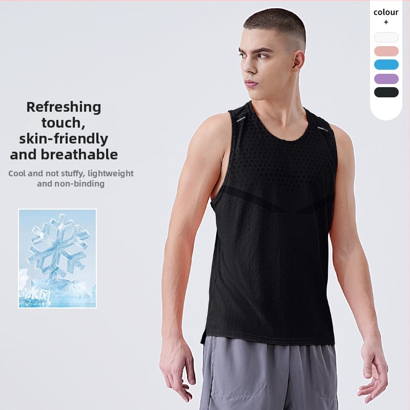 Pánska rýchloschná bezruká vesta na beh — kockovaný vzor, 100% polyester, Ice Silk, odvádzanie potu, leto