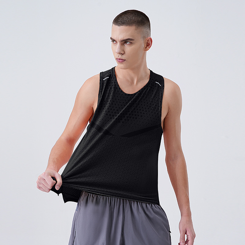 Мъжка бързосъхнеща безръкавна спортна жилетка за тичане — каре шарка, 100% полиестер, Ice Silk влагоотвеждаща, лятно облекло