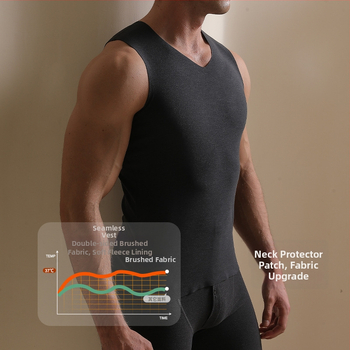 Pánska termálna vesta s V-krkom, fleece podšívka, pletené tkanivo, stredná dĺžka, polyester-spandex (90–95% polyesteru)