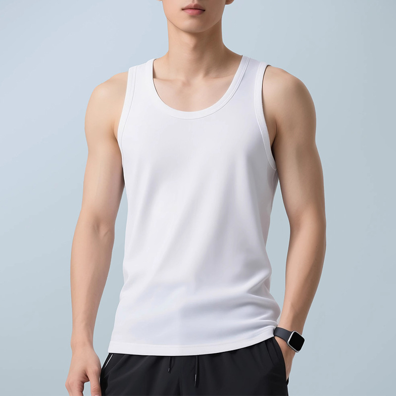 Ανδρικό αμάνικο τοπάκι με στρογγυλή λαιμόκοψη, μίξη βαμβάκι-πολυεστέρα, λεπτό και ελαφρύ, στενή γραμμή, ίσιο τελείωμα, 61% βαμβάκι, 39% πολυεστέρα