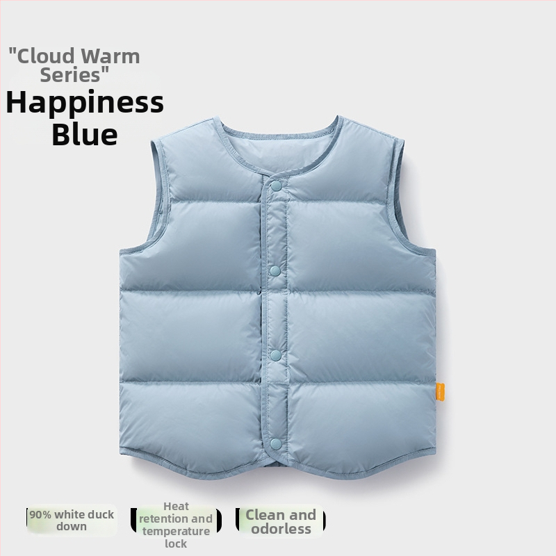 Detská ľahká perová vesta bez rukávov na zimu; výplň: 90% bieleho kačacieho down; vonkajší materiál a podšívka z nylonu; stredná dĺžka, voľný strih; pre deti vo veku 1–3 rokov.