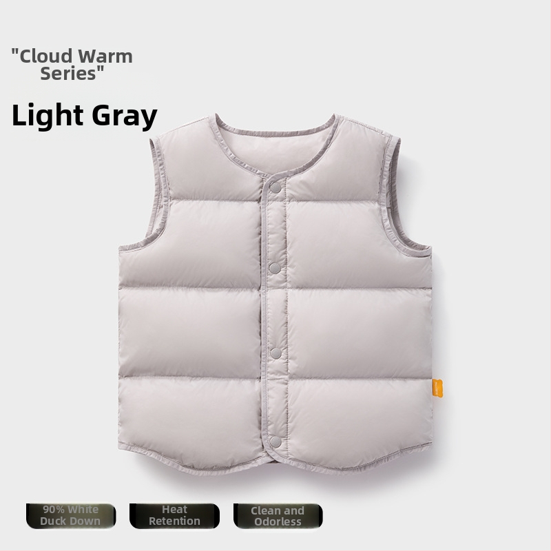 Detská ľahká perová vesta bez rukávov na zimu; výplň: 90% bieleho kačacieho down; vonkajší materiál a podšívka z nylonu; stredná dĺžka, voľný strih; pre deti vo veku 1–3 rokov.