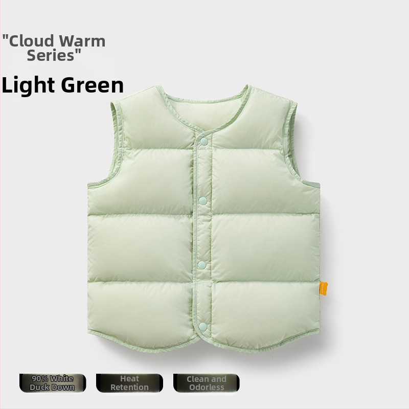 Detská ľahká perová vesta bez rukávov na zimu; výplň: 90% bieleho kačacieho down; vonkajší materiál a podšívka z nylonu; stredná dĺžka, voľný strih; pre deti vo veku 1–3 rokov.