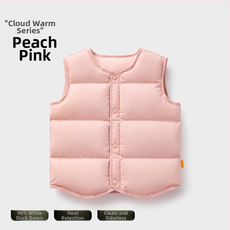 Detská ľahká perová vesta bez rukávov na zimu; výplň: 90% bieleho kačacieho down; vonkajší materiál a podšívka z nylonu; stredná dĺžka, voľný strih; pre deti vo veku 1–3 rokov.