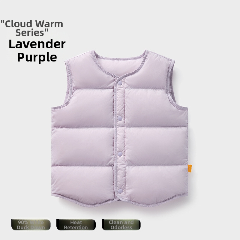 Detská ľahká perová vesta bez rukávov na zimu; výplň: 90% bieleho kačacieho down; vonkajší materiál a podšívka z nylonu; stredná dĺžka, voľný strih; pre deti vo veku 1–3 rokov.