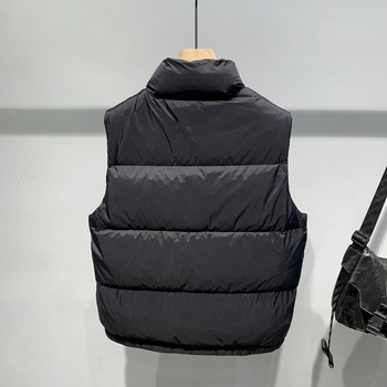 Pánska vesta s kapucňou a stojatým golierom – jednofarebná, výplň 100% bieleho kačacieho down, vonkajší materiál polypropylén, jar 2025