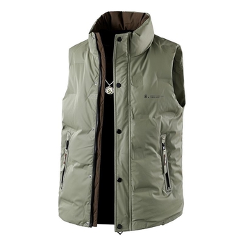 Pánska páperová vesta s stojacim golierom, výplň z bieleho kačacieho peria, plniaca sila 550, obsah peria 46-50%, bežná dĺžka