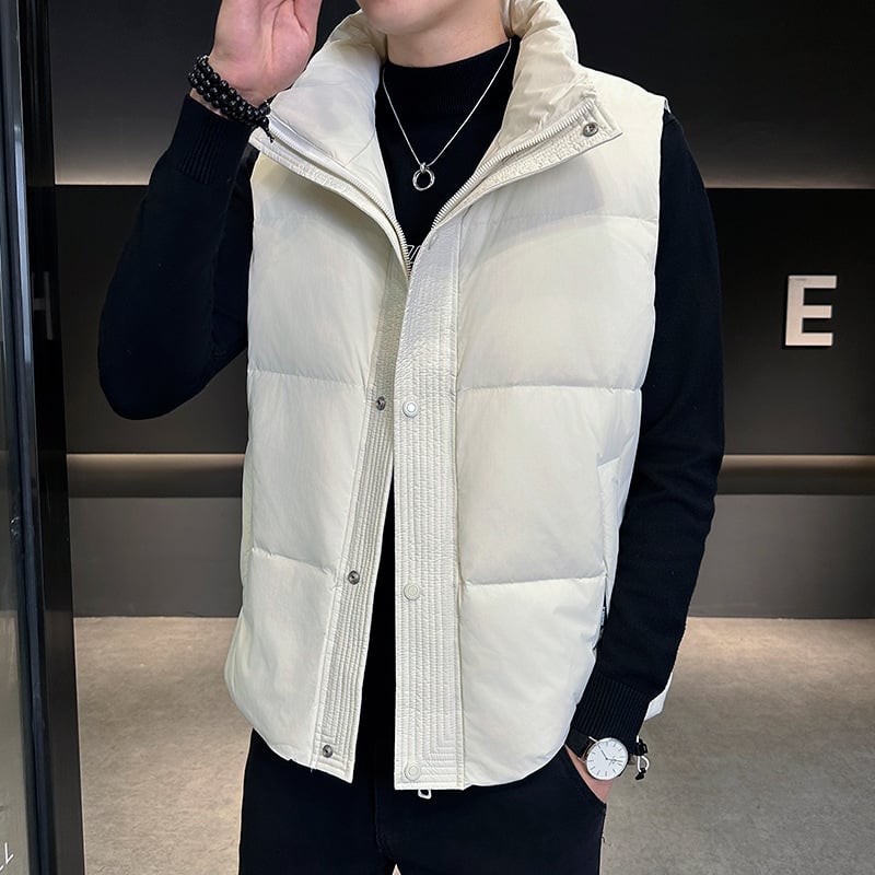 Pánska zimná vesta s páperím, výplň kačacieho páperia, stojaci golier, zips, hrubá látka, korejský štýl, bežné zimné oblečenie