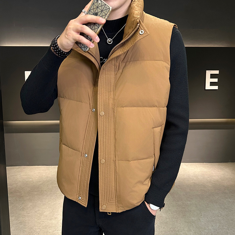 Pánska zimná vesta s páperím, výplň kačacieho páperia, stojaci golier, zips, hrubá látka, korejský štýl, bežné zimné oblečenie
