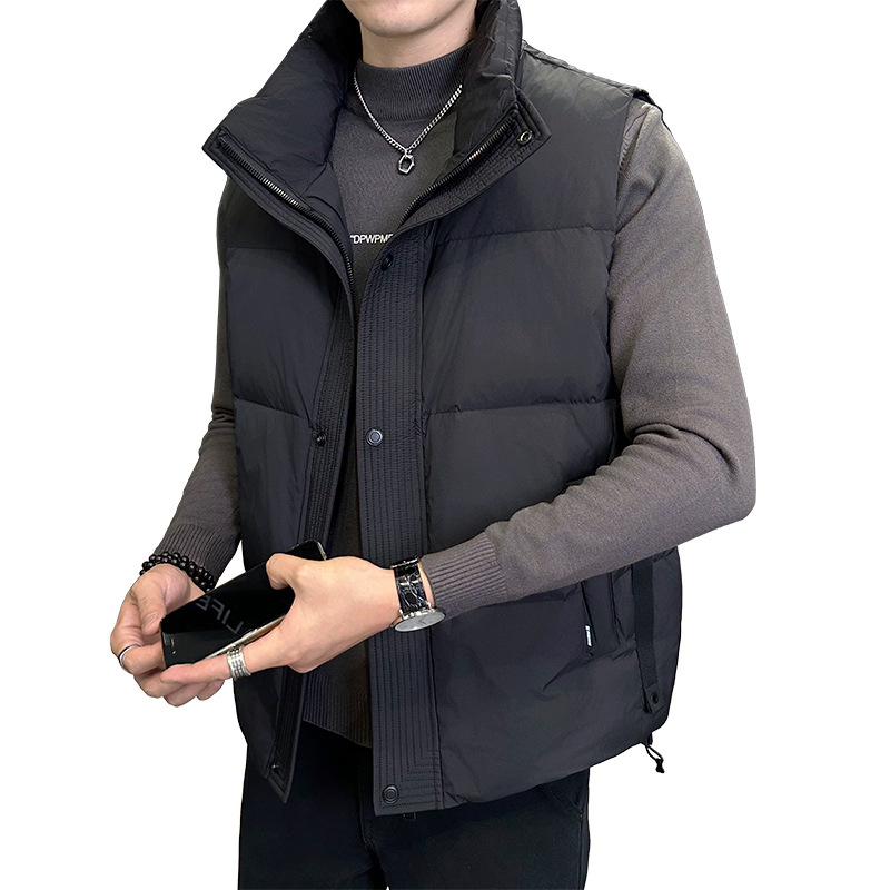 Pánska zimná vesta s páperím, výplň kačacieho páperia, stojaci golier, zips, hrubá látka, korejský štýl, bežné zimné oblečenie