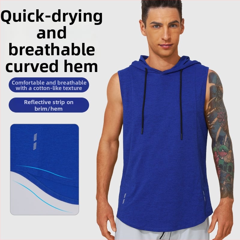 Pánska bezruková vesta s kapucňou – priedušná, rýchloschnúca, 100% polyester, na beh a fitness (leto/jar)