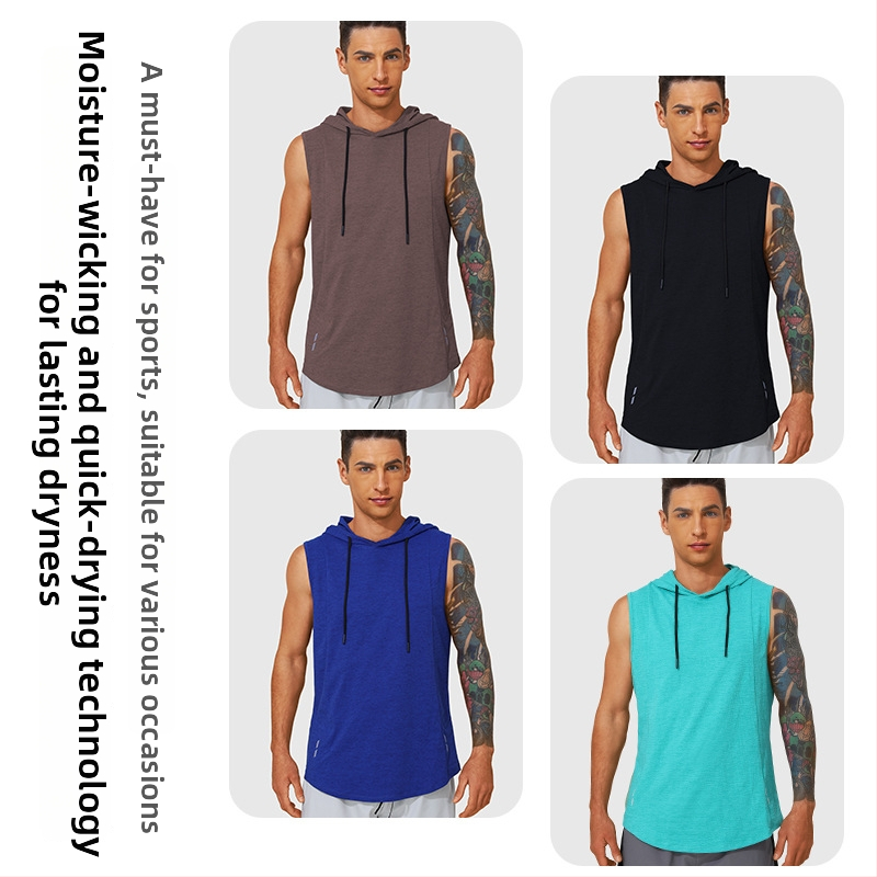 Vīriešu bez piedurknēm kapucēta veste – elpojoša, ātri žūstoša, 100% poliesteris, piemērots skriešanai un fitnesam (vasara/pavasaris)