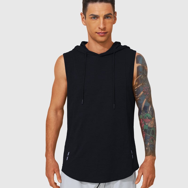 Pánska bezruková vesta s kapucňou – priedušná, rýchloschnúca, 100% polyester, na beh a fitness (leto/jar)