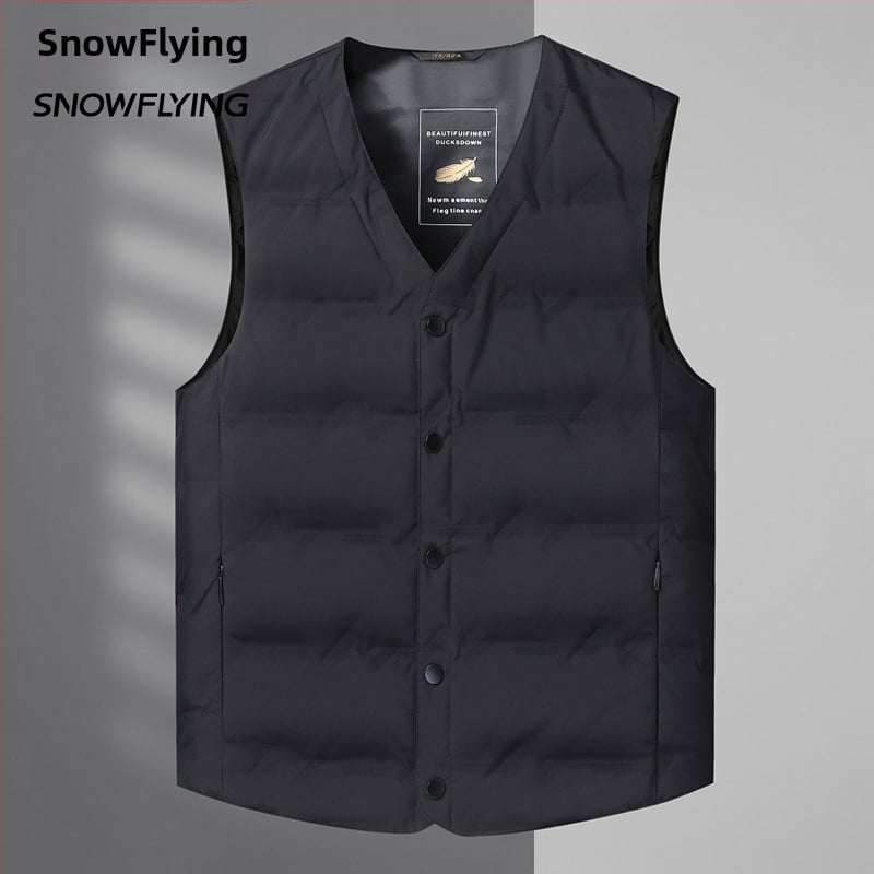 Mužská péřová vesta, ľahká, výplň bielym kačacím perom 86–90%, polyesterová tkanina, vhodná pre zimu, mierna zima (-5°C až 0°C)