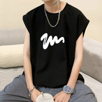 100% βαμβακερό ανδρικό αμάνικο T-shirt-vest, χαλαρή γραμμή, εκτύπωση καρτούν, κορεατικό στυλ