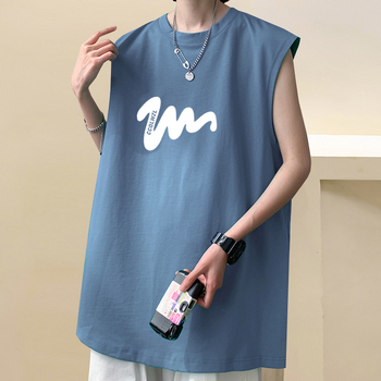 100% βαμβακερό ανδρικό αμάνικο T-shirt-vest, χαλαρή γραμμή, εκτύπωση καρτούν, κορεατικό στυλ