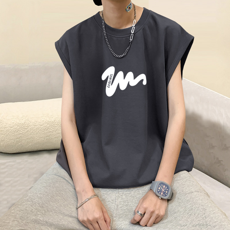 100% βαμβακερό ανδρικό αμάνικο T-shirt-vest, χαλαρή γραμμή, εκτύπωση καρτούν, κορεατικό στυλ