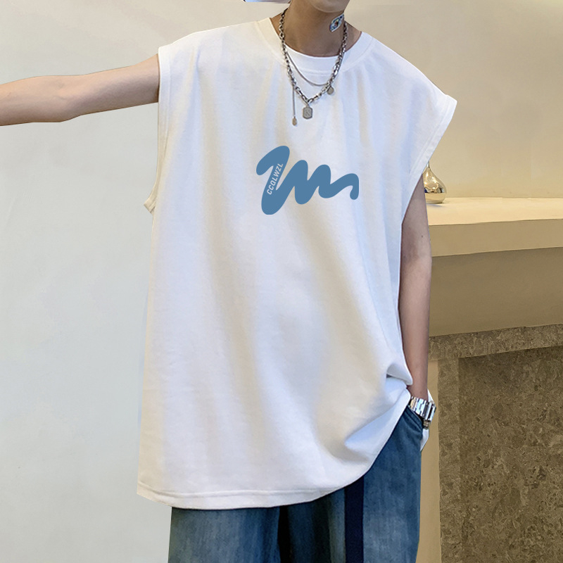 100% βαμβακερό ανδρικό αμάνικο T-shirt-vest, χαλαρή γραμμή, εκτύπωση καρτούν, κορεατικό στυλ