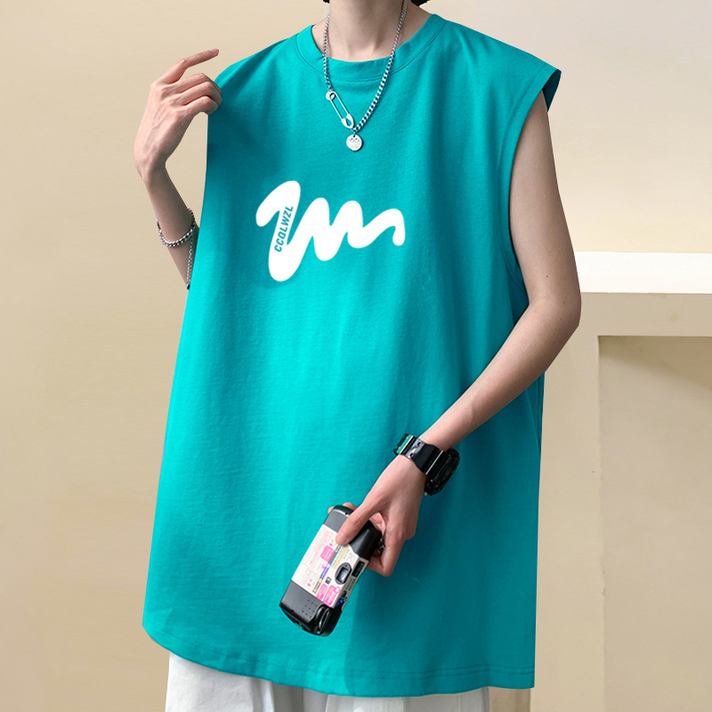 100% βαμβακερό ανδρικό αμάνικο T-shirt-vest, χαλαρή γραμμή, εκτύπωση καρτούν, κορεατικό στυλ