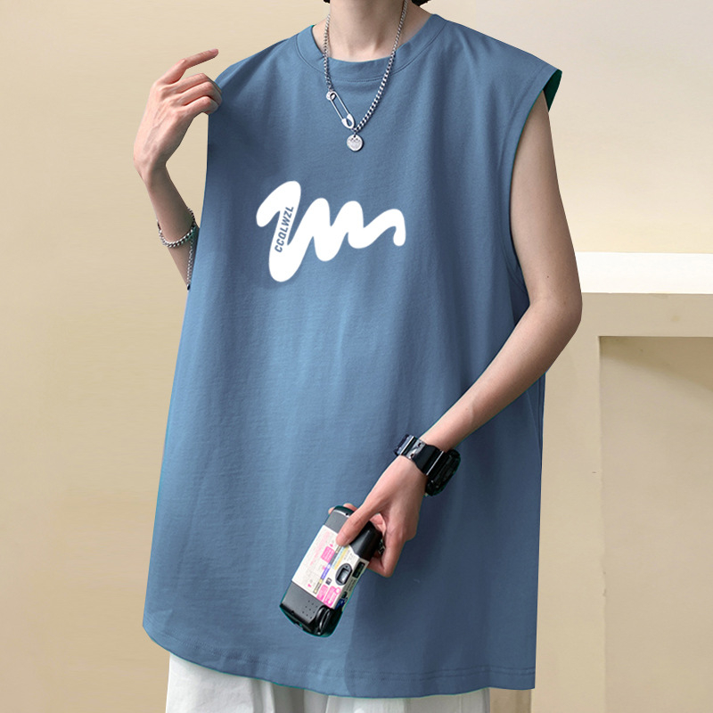 100% βαμβακερό ανδρικό αμάνικο T-shirt-vest, χαλαρή γραμμή, εκτύπωση καρτούν, κορεατικό στυλ