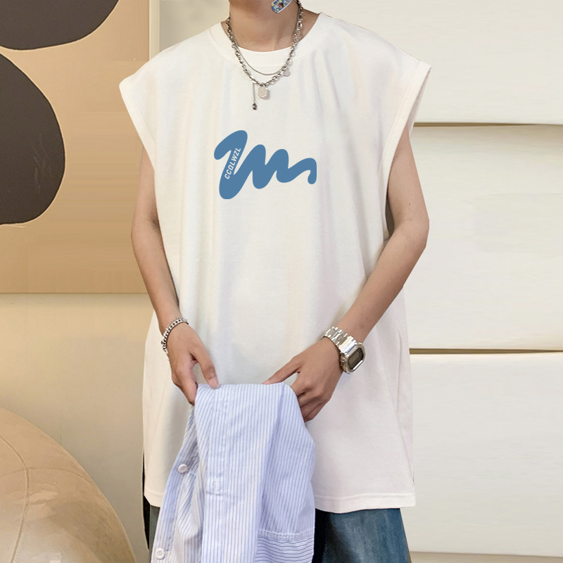 100% βαμβακερό ανδρικό αμάνικο T-shirt-vest, χαλαρή γραμμή, εκτύπωση καρτούν, κορεατικό στυλ