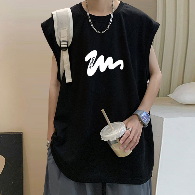 100% βαμβακερό ανδρικό αμάνικο T-shirt-vest, χαλαρή γραμμή, εκτύπωση καρτούν, κορεατικό στυλ