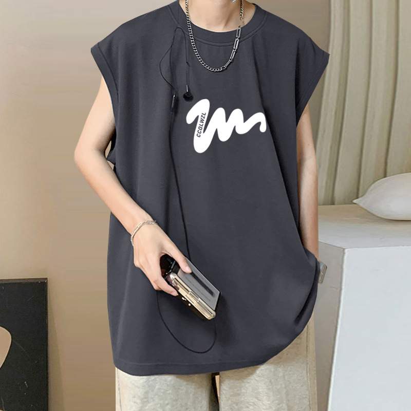 100% βαμβακερό ανδρικό αμάνικο T-shirt-vest, χαλαρή γραμμή, εκτύπωση καρτούν, κορεατικό στυλ