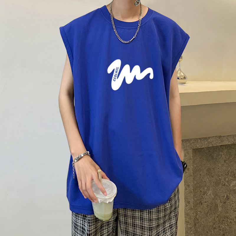 100% βαμβακερό ανδρικό αμάνικο T-shirt-vest, χαλαρή γραμμή, εκτύπωση καρτούν, κορεατικό στυλ