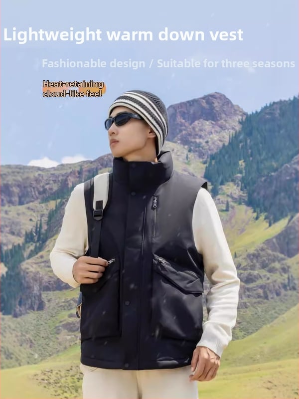 Pánska vesta so stojacím golierom, výplň 60–90 g, fleece podšívka, zips, voľný strih