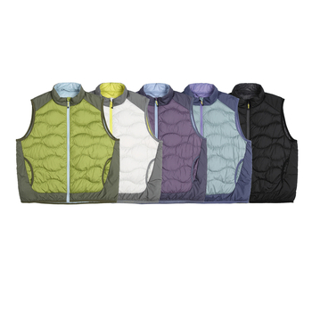 Унисекс лека пухена жилетка с дизайн на блокове, съдържание пух 91–95%, запълване 30–55 g, външен материал полиестер 100%, подплата найлон, за зимния сезон