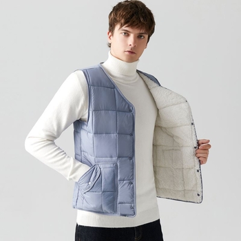 Pánska tenká vesta z bavlny s výplňou z peria, štíhly strih, kapucňa, krátky štýl, pruhovaný vzor