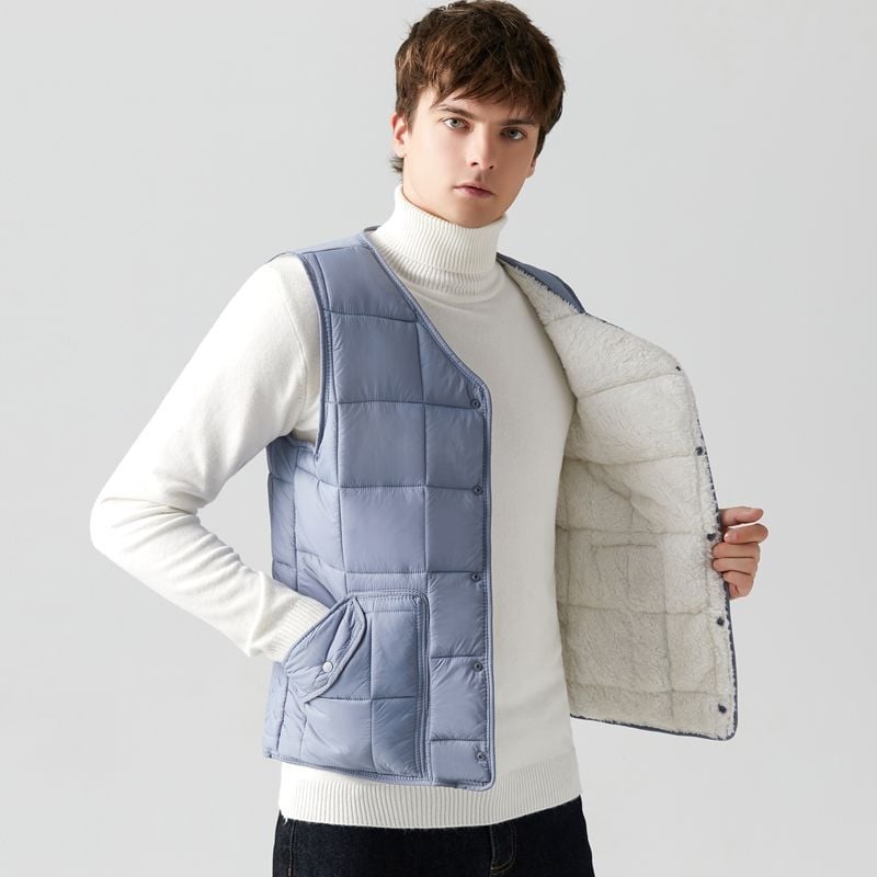 Pánska tenká vesta z bavlny s výplňou z peria, štíhly strih, kapucňa, krátky štýl, pruhovaný vzor