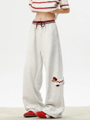 Pantaloni sport pentru bărbați, croială dreaptă, talie medie cu șnur, material poliester amestec, imprimeu animal cu broderie