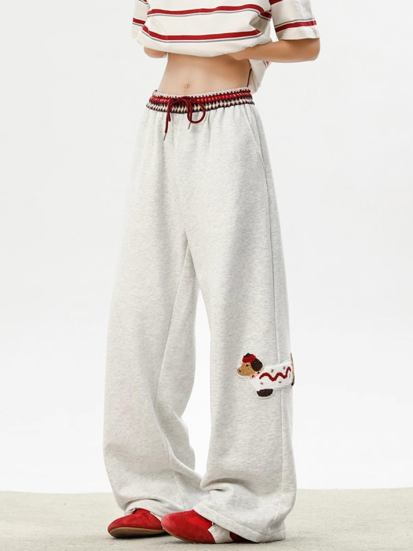 Pantaloni sport pentru bărbați, croială dreaptă, talie medie cu șnur, material poliester amestec, imprimeu animal cu broderie