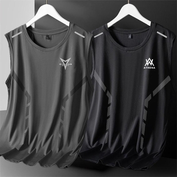 Mužské tielko bez rukávov - úzky strih, geometrický vzor, 100% polyester, tenká látka, leto