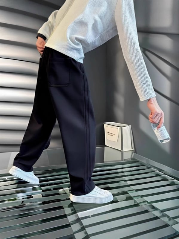 Pánske nohavice so rovnými nohami, voľné, casual, z polyesterových vlákien, jemná pružnosť, stredový pás, dlhé nohavice