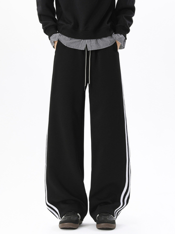 Pantaloni sport casual pentru bărbați cu trei dungi, croială dreaptă, lungi, cu șnur la talie, material din bumbac amestec