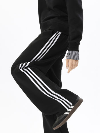 Pantaloni sport casual pentru bărbați cu trei dungi, croială dreaptă, lungi, cu șnur la talie, material din bumbac amestec