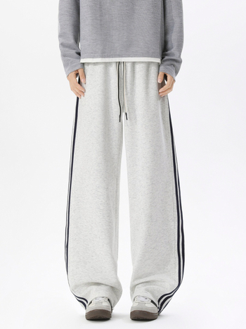 Pantaloni sport casual pentru bărbați cu trei dungi, croială dreaptă, lungi, cu șnur la talie, material din bumbac amestec