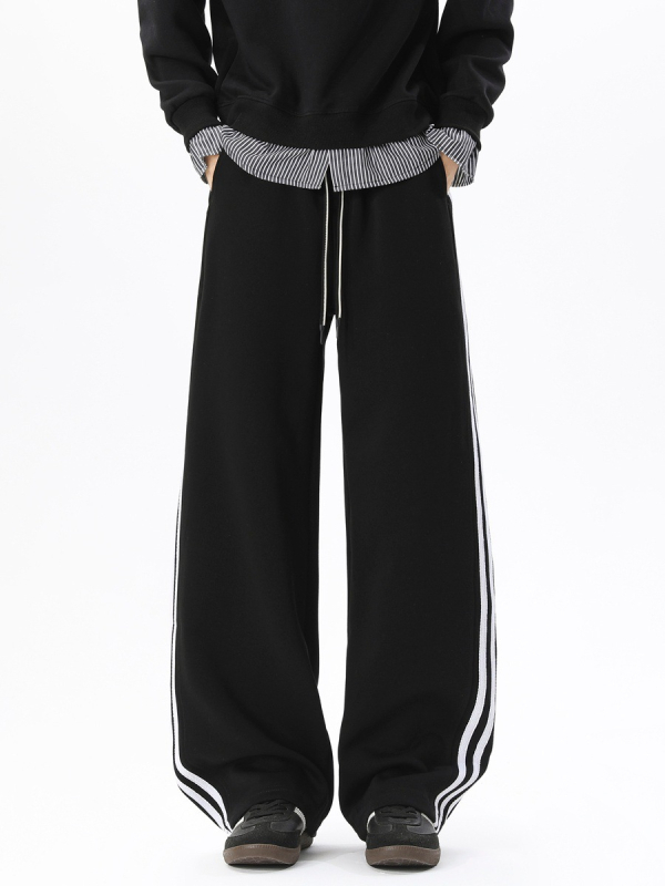 Pantaloni sport casual pentru bărbați cu trei dungi, croială dreaptă, lungi, cu șnur la talie, material din bumbac amestec