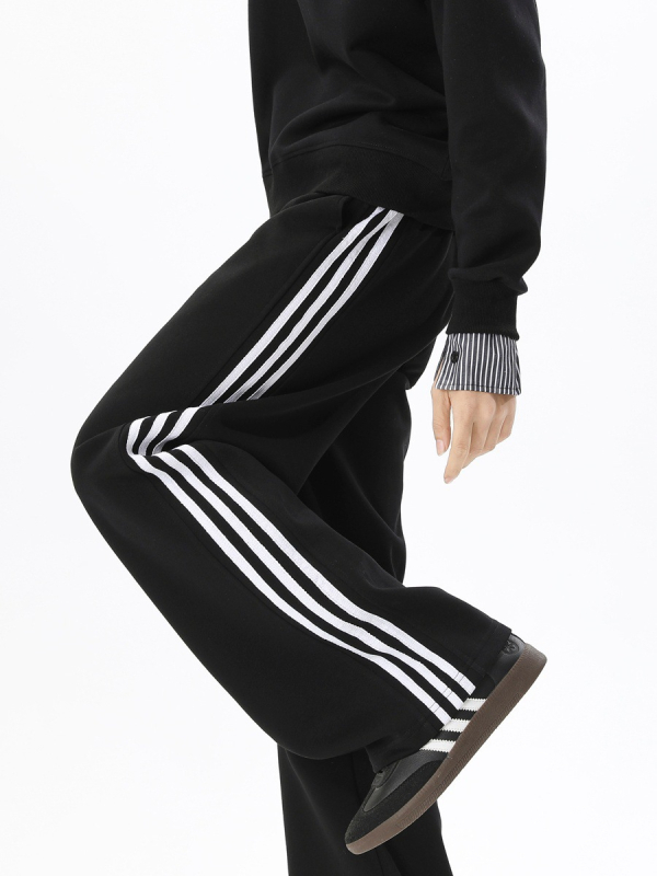 Pantaloni sport casual pentru bărbați cu trei dungi, croială dreaptă, lungi, cu șnur la talie, material din bumbac amestec